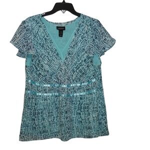 Lane Bryant Aqua Blue Abstract Print Faux Wrap Flutter Sleeve Blouse Plus 14/16W